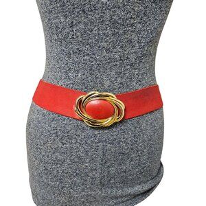 Day Lor Womens Belt Elastic Cinch Belt Red Stretch Retro Gold Buckle Statement